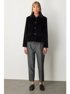 Ekol Düğmeli Peluş Kadın Kahverengi Manto 06025