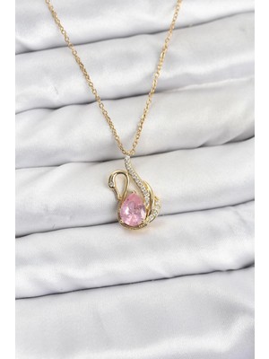 Marsilyan 316L Çelik Zincir Gold Renk Pembe Kuğu Model Zirkon Taşlı Kadın Kolye - TJ-BKO10867