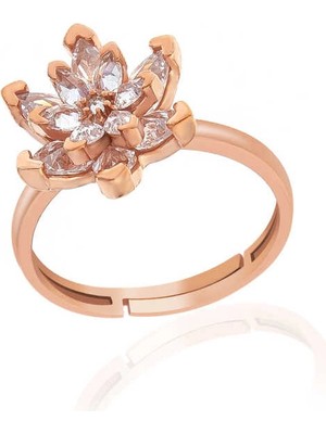 Bazarhane Gümüş Rose Beyaz Taşlı Lotus Çiçeği Kadın Yüzük