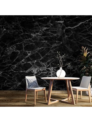 Grown Beyaz Damarlı Siyah Mermer Desenli Duvar Kağıdı - Mutfak ve Banyo