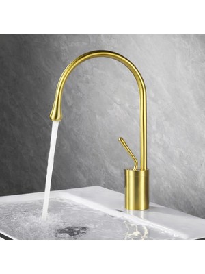 Fleko Gold Pirinç Yüksek Borulu Lavabo Bataryası – Tek Kollu, Banyo & Mutfak Uyumlu