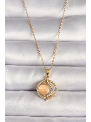 316L Çelik Gold Renk Zirkon Taşlı Turuncu Sedefli Hilal Model Kadın Kolye - TJ-BKO9704