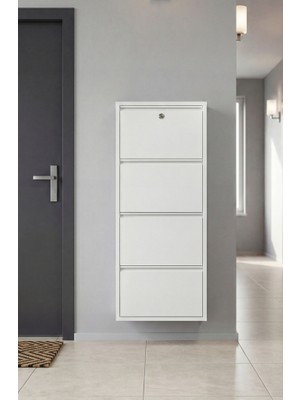 Kilitli Dörtlü 4'lü Metal Ayakkabılık Beyaz (Yedek Anahtarlı)