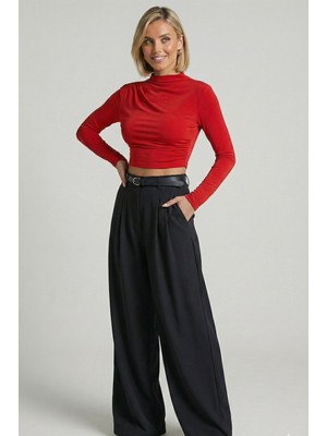 Drapeli Uzun Kollu Slim Fit Crop Bluz