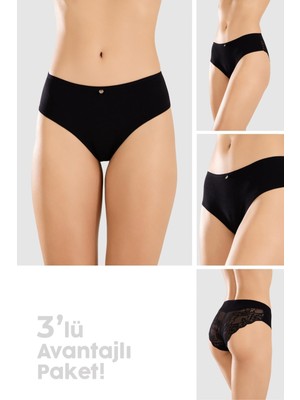 Baykar Kadın Pamuklu Likralı Arkası Dantelli Slip Külot 3lü Paket 8432 Siyah