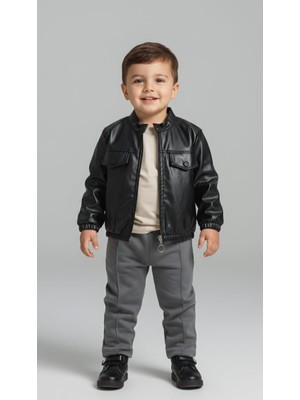 Erkek Bebek Deri Ceketli 3'lü Kombin Takım
