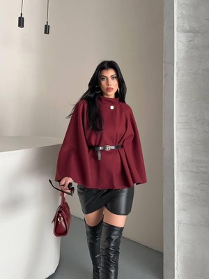 Ribana Classic Kadın Gold Düğme Detaylı Kemerli Trend Kısa Süet Panço 4837