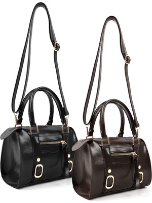 SHAKA Kırışık Dokulu Siyah/kırışık Dokulu Kahverengi SHK287 Set Suni Deri,fermuarlı,2'li El ve Omuz Çantası