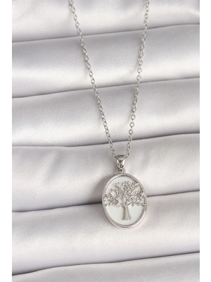 Marsilyan 316L Çelik Gümüş Renk Zincir Zirkon Taş Işlemeli Beyaz Mineli Ağaç Işlemeli Portre Model Kadın Kolye - TJ-BKO9983