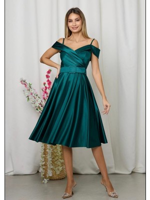 Arin Saten Elbise Düşük Omuz Kemerli Abiye