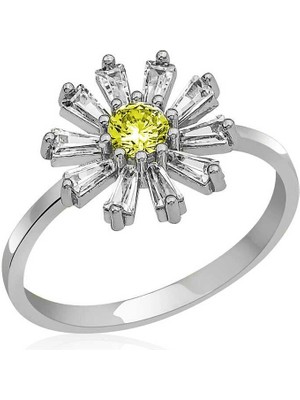 Bazarhane Gümüş Trapez Sarı Taşlı Çiçek Kadın Yüzük