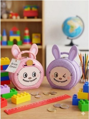 Marsilyan Sevimli Labubu Figürlü Kilitli Metal Kumbara - Çocuklar İçin Para Biriktirme Kutusu Pembe - Mor
