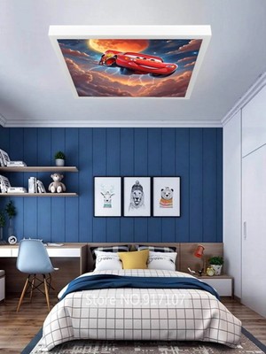 Gökyüzü Panel Şimşek Araba Avize, 60X60 Çocuk Odası Avize, 60WATT, Estetik Kare, Yapay Zeka Tasarım Avize, Uzay