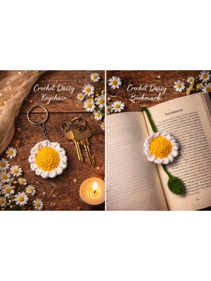 Mugusa Hediyelik El Örgüsü - Amigurumi Papatya Anahtarlık & Kitap Ayracı & Çanta Süsü
