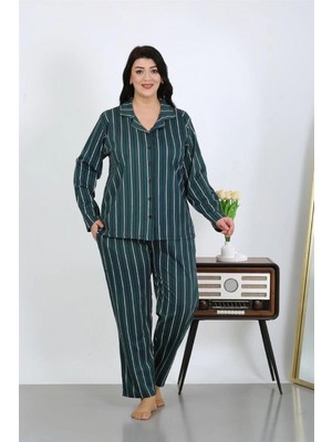 Narnuga Miray- Kadın Büyük Beden Pamuklu Cepli Düğmeli Petrol Pijama Takım