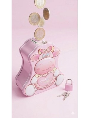 Marsilyan Sevimli Figürlü Kilitli Metal Kumbara - Çocuklar İçin Para Biriktirme Kutusu Pembe