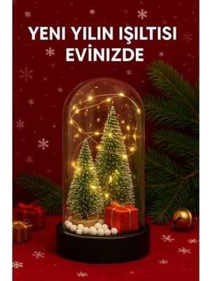 Marsilyan Yeni Yıl Hediye Led Işıklı Fanus İçinde 2 Çam Ağacı ve Hediye Temalı Noel Yılbaşı Gece Lambası