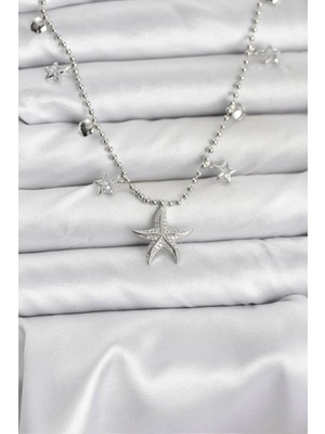 Pirinç Gümüş Renk Zirkon Taşlı Deniz Yıldızı Model Kadın Kolye - TJ-BKO10654