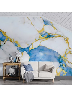 Grown Açık Mavi ve Beyaz Mermer Desenli Duvar Kağıdı - Mutfak ve Banyo