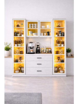 Setay Vitrinli Ünite, Liveo Kahve Köşesi + Çok Amaçlı Raflı Iki Kapaklı Dolap - Beyaz