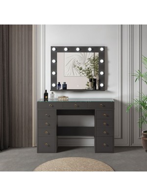 Flances Işıklı Aynalı Kulis Makyaj Masası Cam Tablalı Takı Düzenleyici