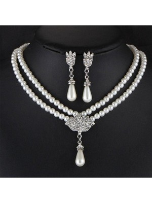 Kumi Inci Taşlı Pırlanta Işlemeli Kolye Küpe Takı Seti Gelin Nişan Kına Düğün Hediyelik