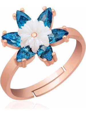 Bazarhane Gümüş Rose Mavi Lotus Çiçeği Yüzük