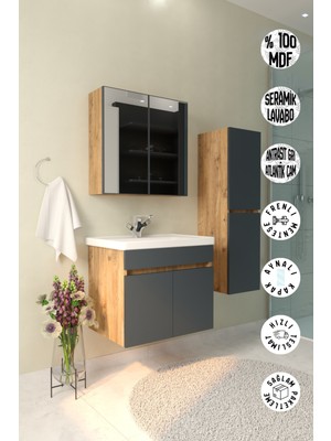 Makbulce Tokyo Havlu Dolaplı 65CM Seramik Lavabolu Mdf Aynalı Banyo Dolabı-Atlantik Çam&antrasit Gri