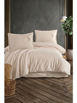 Clasy Panna Bej Çift Kişilik %100 Pamuk Çizgili Nevresim Takımı