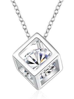 Kumi 925 Ayar Gümüş Küp Zar Şeklinde Kristal Taşlı Kolye Hediyelik