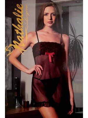 14 Şubat Sevgililer Gününe Özel Fantezi Kırmızı Kurdeleli  Siyah Tül Gecelik