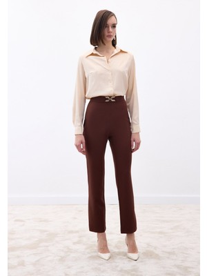 Sateen Aksesuar Detaylı Pantolon - Kahve