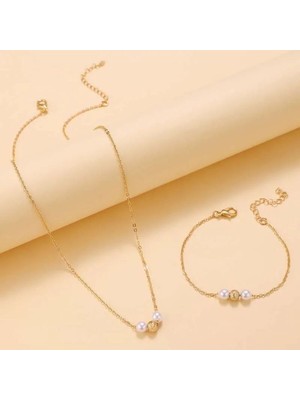 Shiklik 2'li Incili Zincir Altın Renk Takı Seti Bileklik, Kolye