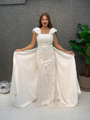 E&A Eren Abiye Kalın Askılı Incı Islemelı Pelerınlı Balık Abıye