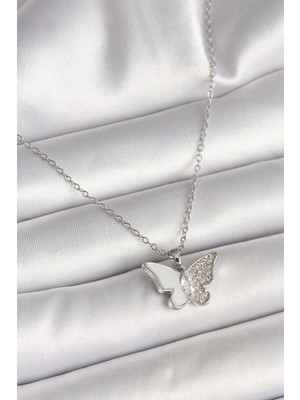 Marsilyan 316L Çelik Gümüş Renk Zincir Zirkon Taşlı Beyaz Mineli Kelebek Model Kadın Kolye - TJ-BKO9941