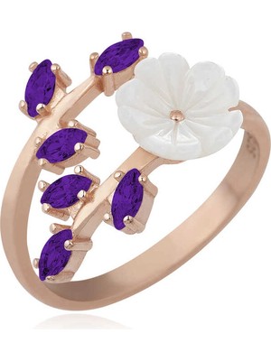 Bazarhane Gümüş Rose Mor Yapraklı Bahar Çiçeği Yüzük