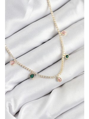 Pirinç Zirkon Taşlı Su Yolu Damla Model Gold Renk Kadın Kolye - TJ-BKO10545