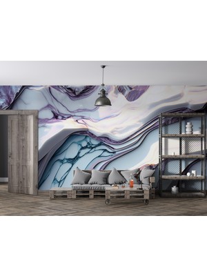 Grown Mavi Beyaz Akışkan Mermer Desenli Duvar Kağıdı - Mutfak ve Banyo