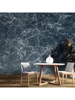 Grown Beyaz Damarlı Koyu Turkuaz Mermer Desenli Duvar Kağıdı - Mutfak ve Banyo