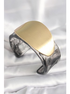 Siyah Mermer Desen Akrilik Plastik Gold Oval Plaka Model Vintage Kadın Bilezik - TJ-BB6683