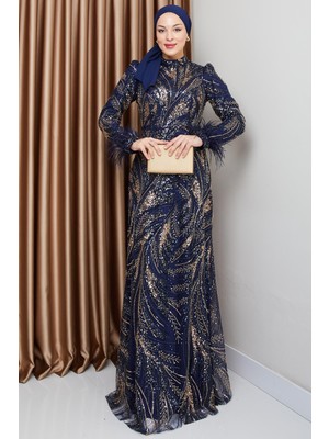 Olcay Kolu Tüy Detaylı Boncuk ve Pul İşlemeli Exclusive Tesettür Abiye Elbise LACİVERT 1000-M