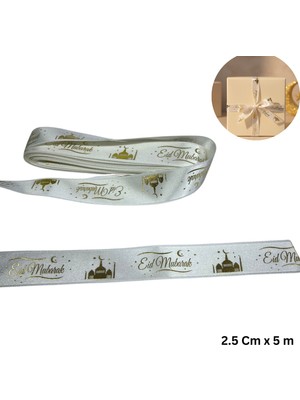 Roco Paper Co. Eid Mubarak Yazılı Hediye Paketleme Kurdelesi, Altın Varak Krem Saten Kurdele, 2.5cm x 5m