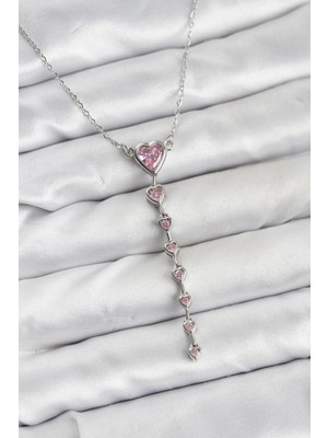 Marsilyan 316L Çelik Zincir Gümüş Renk Pembe Kalp Kadın Kolye - TJ-BKO10821