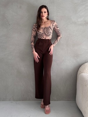 Trendseninle Kadın Kahverengi Likralı Cırt Kapama Palazzo Pantolon