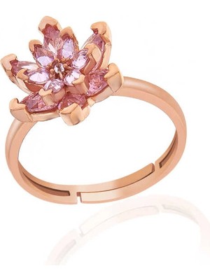 Bazarhane Gümüş Rose Pembe Taşlı Lotus Çiçeği Kadın Yüzük