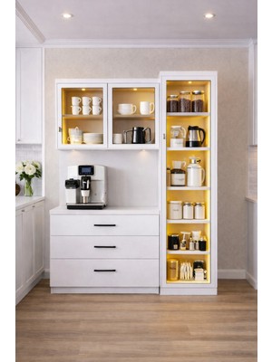 Setay Vitrinli Ünite, Liveo Kahve Köşesi + Çok Amaçlı Raflı Tek Kapaklı Dolap - Beyaz