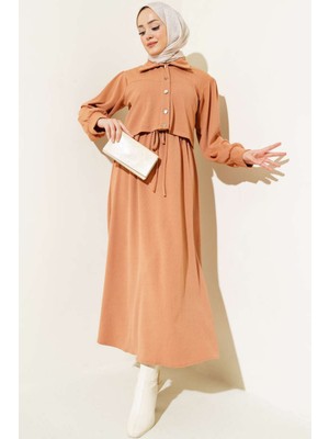 Tesettür Diyarı Beli Büzgülü Fitilli Jile Ceket Triko Takım- Latte