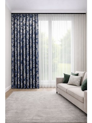 Perde Merkezi Bulut Lacivert Bej Fon Perde Salon ve Misafir Odalarına Uygun 1/3 Sık Pileli Tek Kanat Lüks Modern Fon Perde