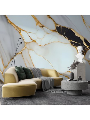 Grown Altın Çizgili Siyah Beyaz Mermer Desenli Duvar Kağıdı - Mutfak ve Banyo