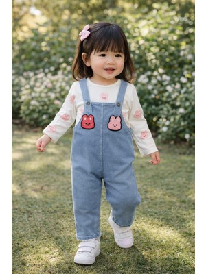 Bubiee Baby Kız Çocuk Tavşan Figürlü Kot Salopet ve Uzun Kollu Badi 2'li Takım